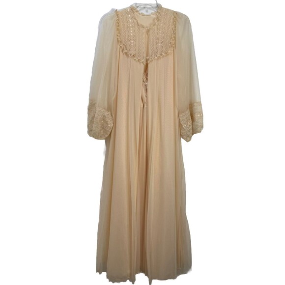 VTG Intimé Peignoir Set Cream DB Chiffon Full sweep Fancy Bridal Lace Gown Sz L - Picture 1 of 16